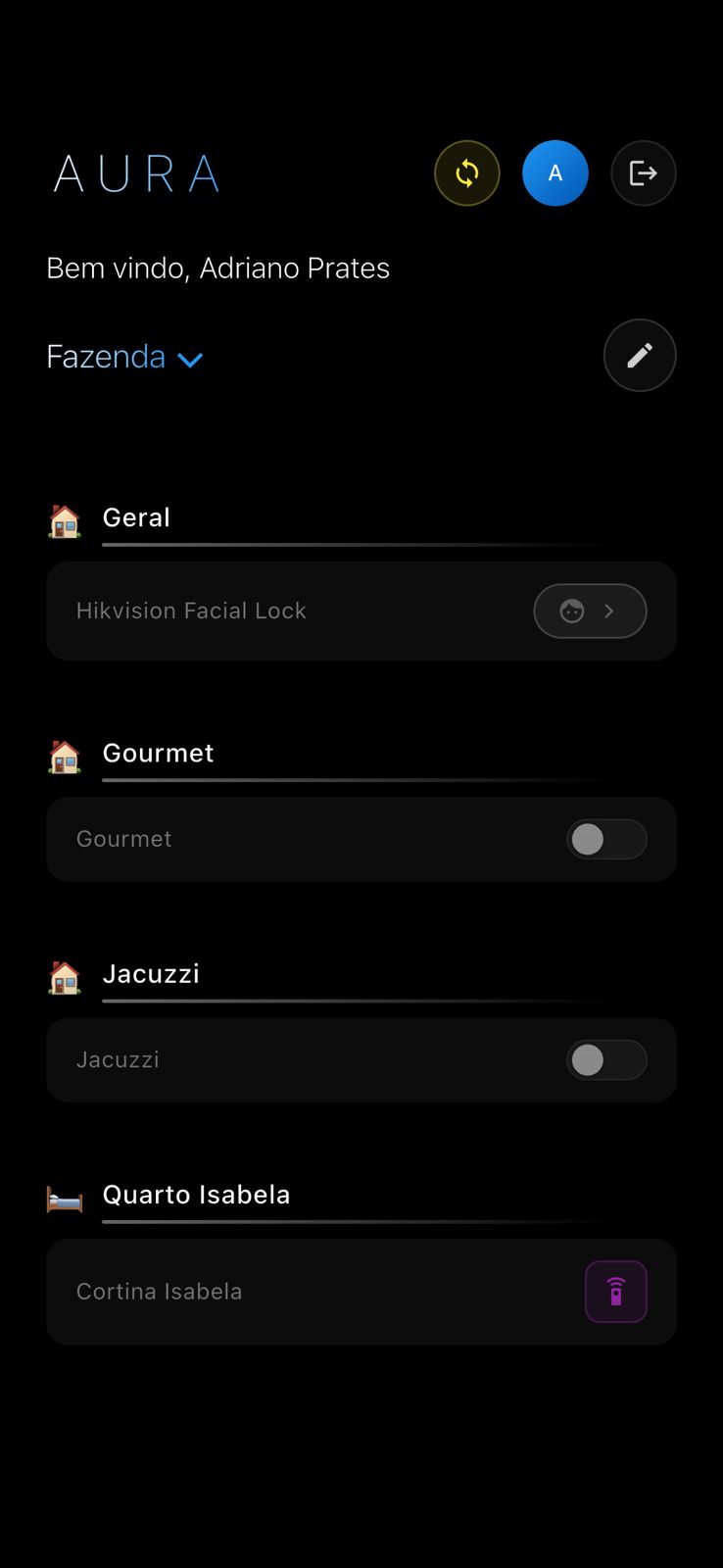App Aura Smart Home - interface de controle residencial inteligente